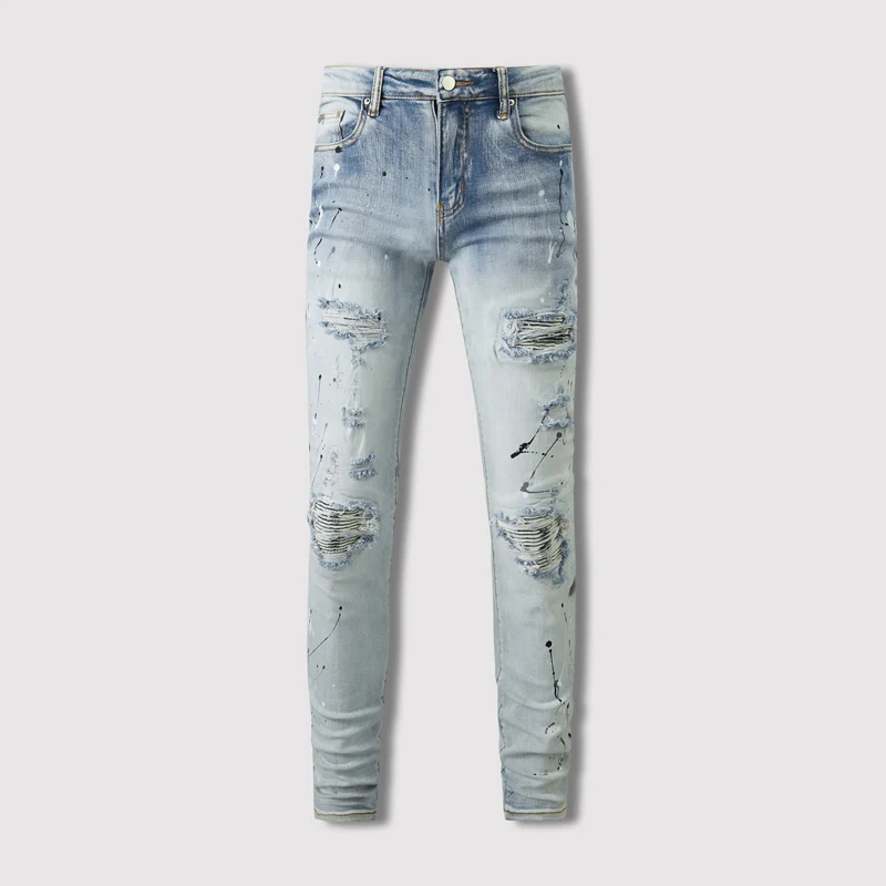 Street Fashion Men Jeans Retro Light Blue Elastic Stretch Skinny Painted Ripped Jeans Men Patched Designer Hip Hop Brand Pants