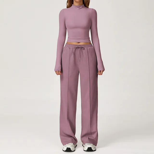 Ensemble de vêtements de yoga pour femmes, chemise slim à manches longues et col haut, haut taille haute, pantalon de survêtement Wstring de proximité, sport, gym, course à pied, fitness imbibé 1