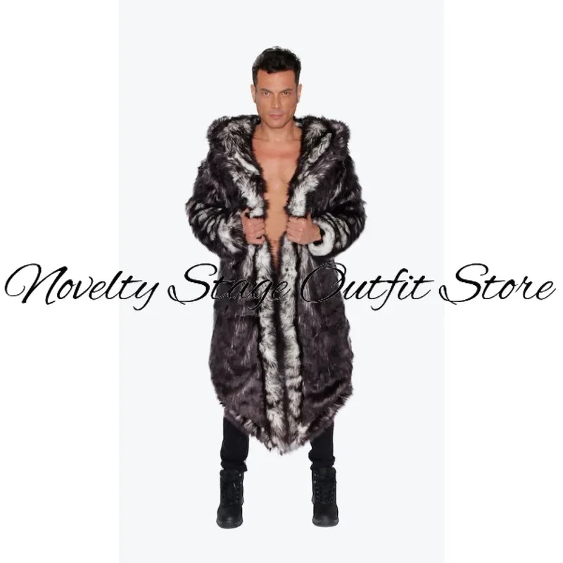 LED Tron Dance Wear Luminous Faux Fur Coat Winter Long Jacket for