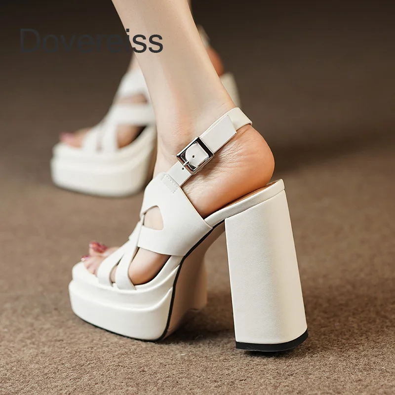 

Dovereiss 2023 Fashion Women Shoes Summer Buckle Elegant Chunky Heels Waterproof Sexy Block Heels Beige Narrow Band Sandals