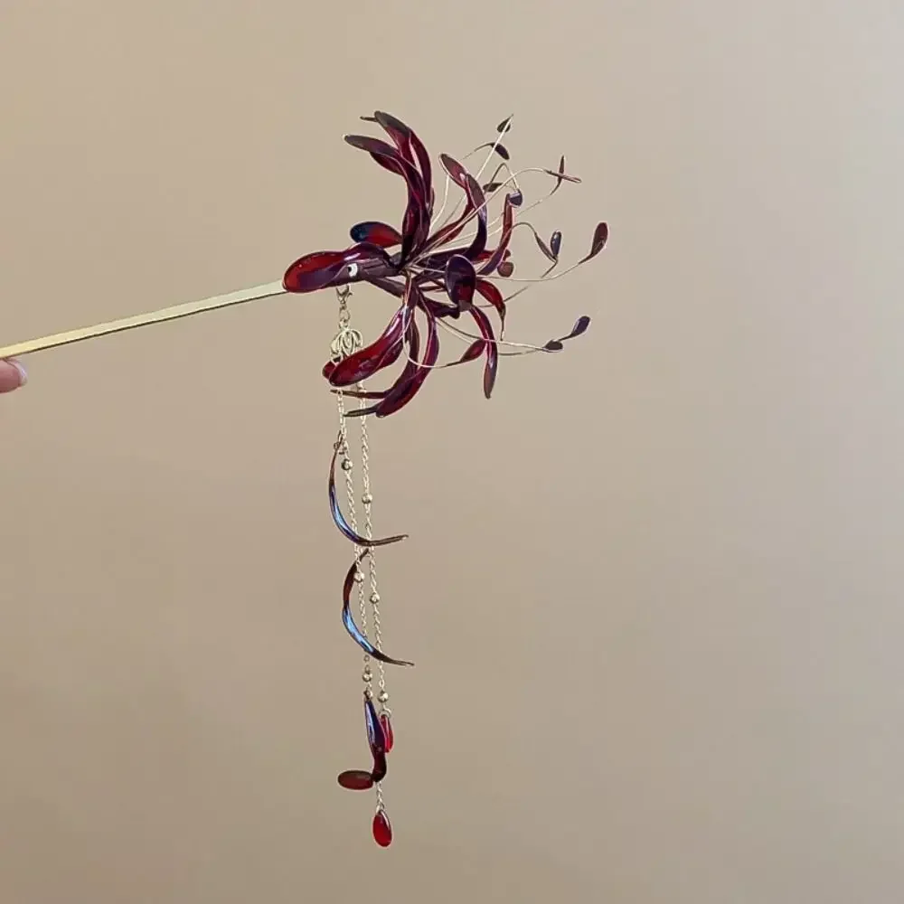 Chinese Style Spider Lily Flower Hair Sticks Super Fairy Vintage Dripping Oil Tassel Hairpins Wedding Hanfu Chopsticks