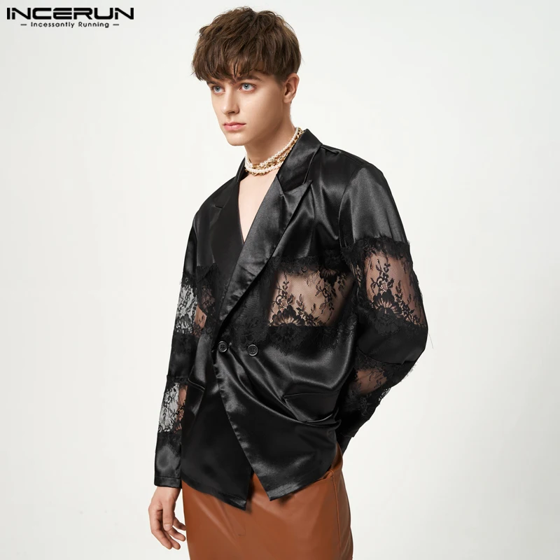 

American Style New Mens Lace Splice Blazer Casual Streetwear Hot Sale Male Loose Comfortable Suit Coats S-5XL INCERUN Tops 2023