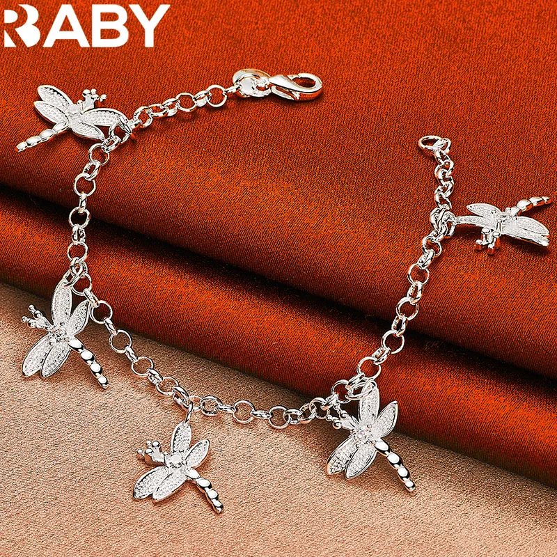 URBABY 925 Sterling Silver Five Dragonfly AAA Zircon Bracelet For Women Fashion Wedding Engagement Party Jewelry Accessories ﻿