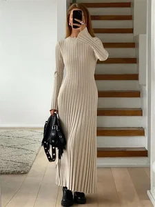 Женское вязаное Макси-Платье на шнуровке, с высокой талией