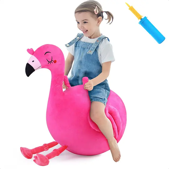 iPlay iLearn Ride on Plush Pink Flamingo Hopper Ball Inflatable Bouncing Animal Outdoor Indoor Active Jumping Toys for Kids 1