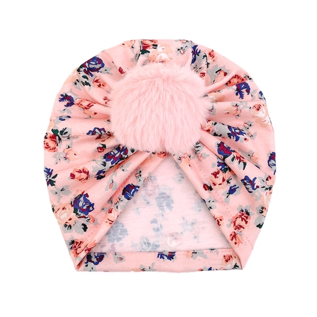 Large Faux Fur Ball Baby Toddler Turban Hat Vintage Floral Print Infant Headwrap Kids Muslim Bonnet Newborn Nursery P31B
