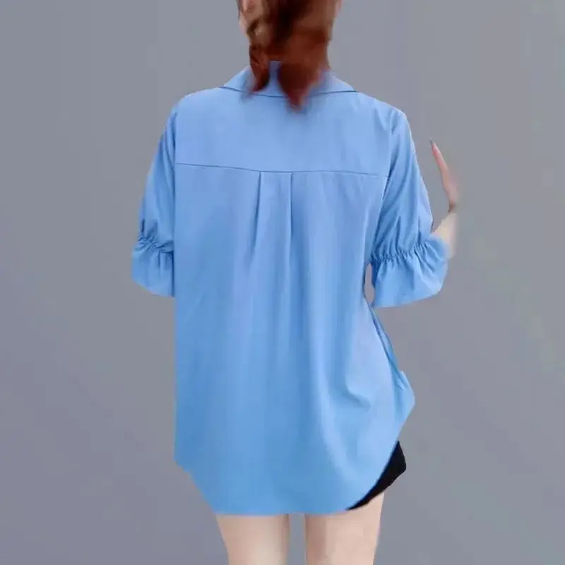 Summer Thin Drape Intellectual New Women's Clothing 2023 Fashion Pleated Elastic Turn-down Collar Casual Solid Button Blouses