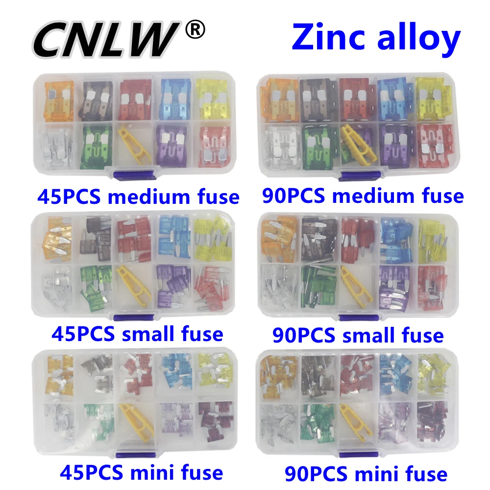 Car Fuse Kit 90/45PCS 5/7.5/10/15/20/25/30/35/40A Mini/Small/Medium 32V Automotive Blade Type Zinc alloy With Box Clip