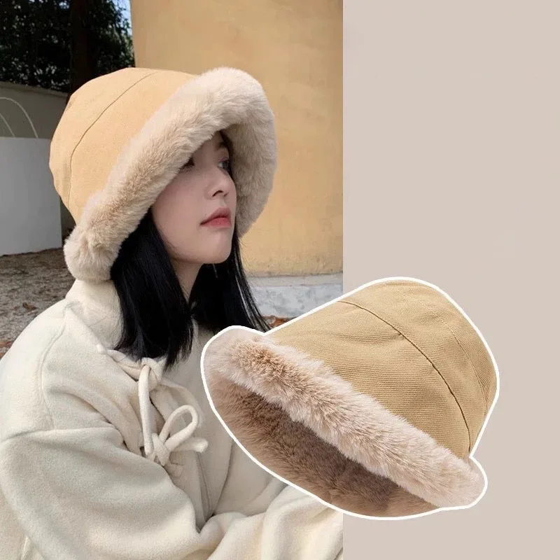 women bucket hat women winter furry bucket hat rolled brim faux fur cloche hat fleece lining autumn and winter windproof warm