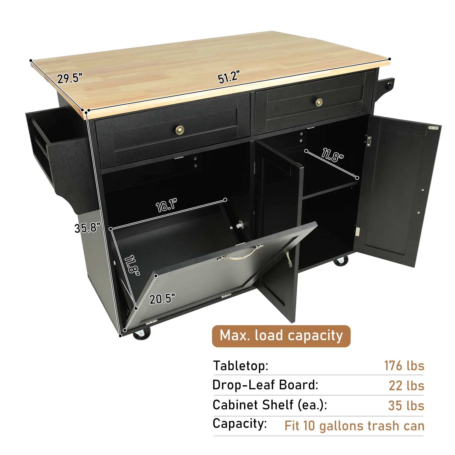 Kitchen Island Cart With Drop Leaf & Trash Cabinet – Mobile Cart With Storage, Spice Rack, Drawers
