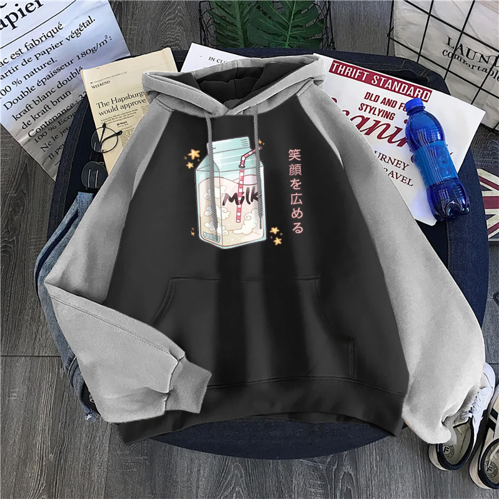 

Full Of Energy Cartoon Milk Box Printed Sweatshirts Crewneck Vintage Hoody Long Raglan Hoodies Autumn Fleece Female Clothes