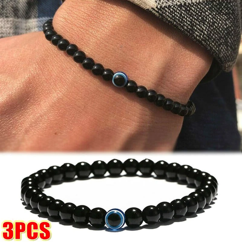 Pulsera turca de ojos para hombres y mujeres, cuentas de piedra Natural negra, obsidiana, accesorios de joyería manos de Yoga, 1/3 piezas|Pulseras de hilo| - AliExpress