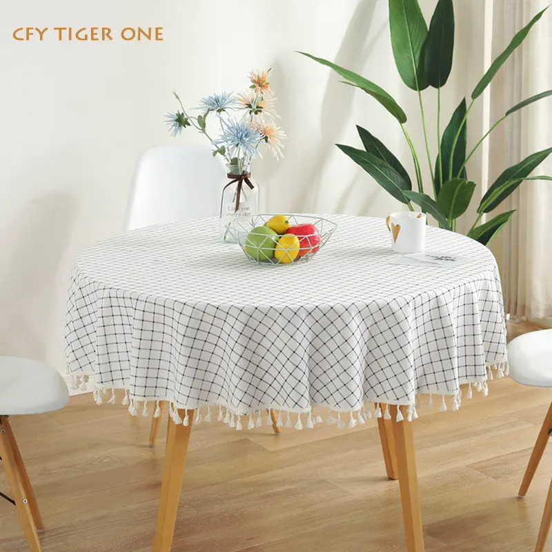 

American White Plaid Yarn Dyed with Tassel Round Tablecloth Round Tassel Table Cloth for Party Dining Room Coffee Table Cover