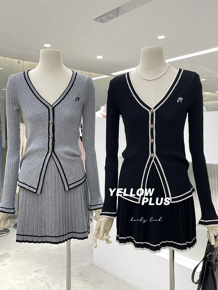 

Высококачественный женский осенне-зимний вязаный шерстяной кардиган с длинным рукавом свитер + юбка темпераментный комплект из двух предметов