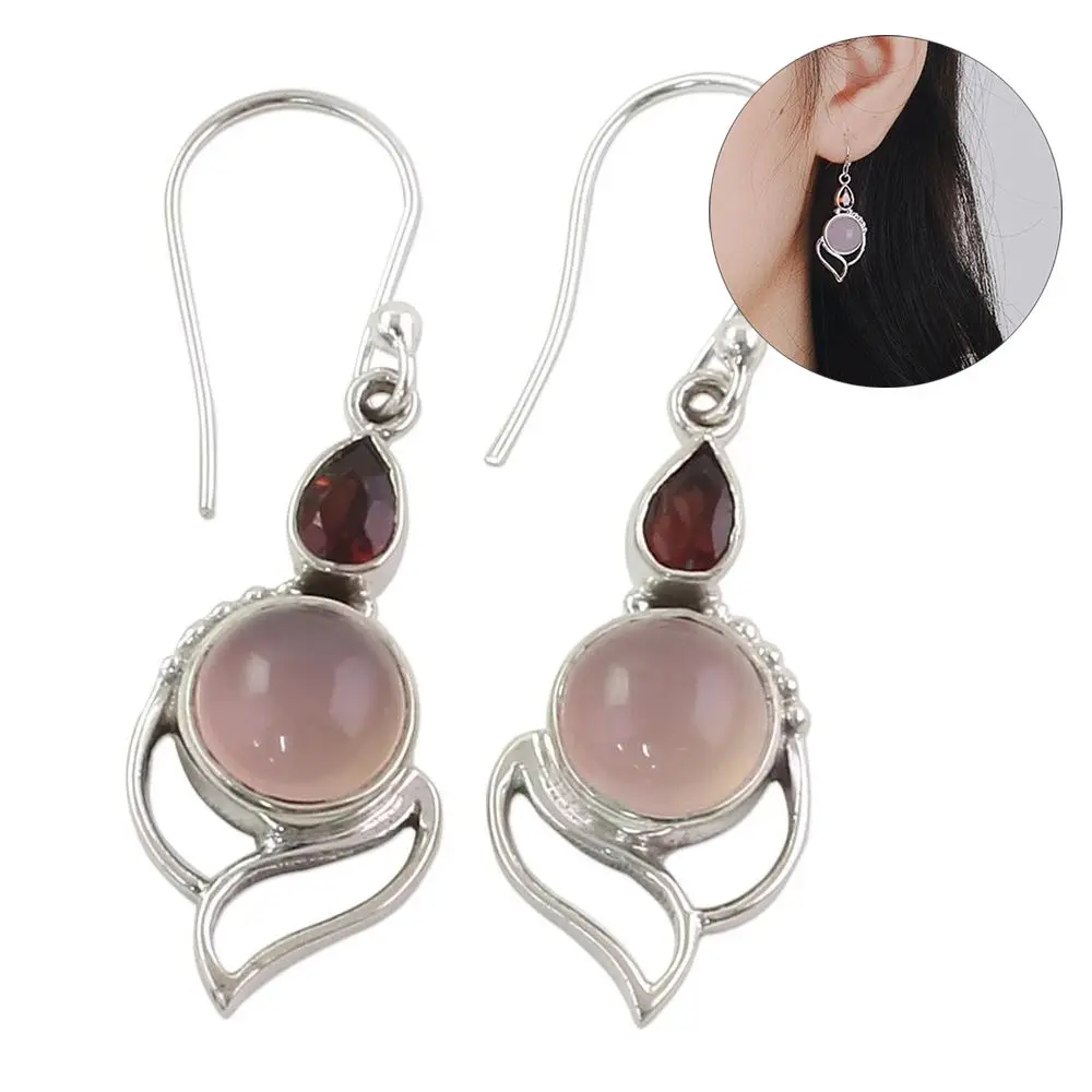 

925 Silver Women Pear Ruby Rose Quartz Gemstones Dangle Hook Earrings Charm Jewelry