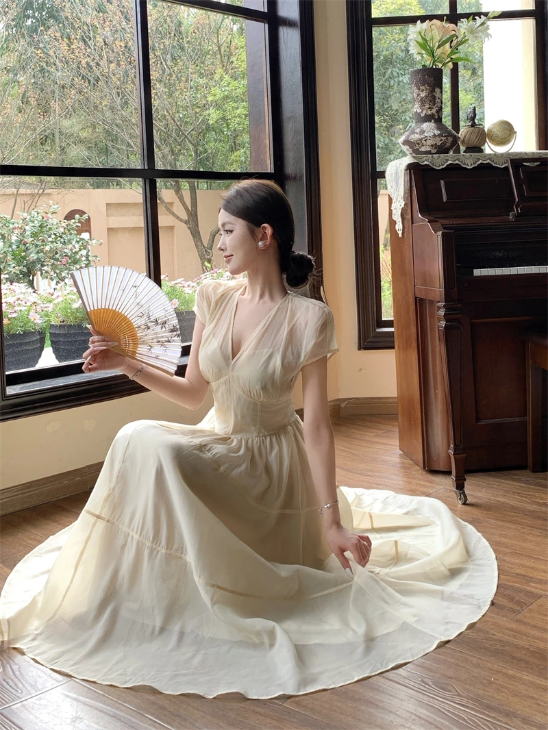 Elegant Long Dresses for Women V-neck A-line Birthday Party Dress French Casual High Waist Summer New Prom Retro Vestidos Mujer