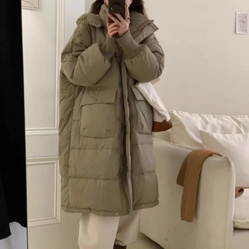 2023 New Women Down Jacket Winter Coat Female Long Parkas Loose Versatile Overknee Outwear Thick Solid Color Hooded Overcoat new women klein blue glossy down jacket winter 2022 casual fashion hooded solid color medium long straight loose thick down coat