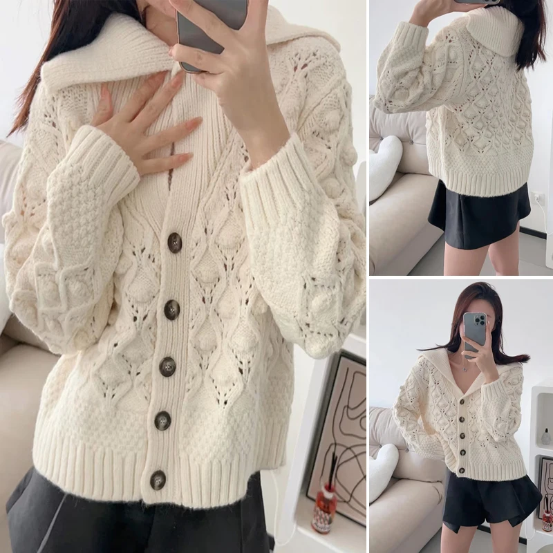 

Women's Autumn and Winter New Spherical Decoration Lapel Long-sleeved Crochet Hollow Sweater Knitted Jacket