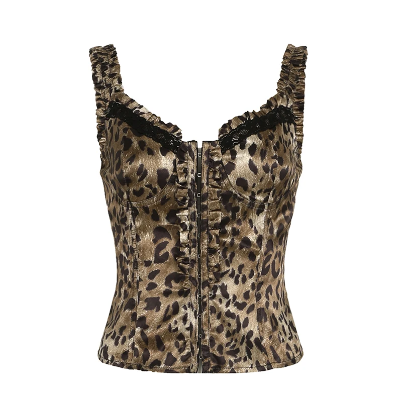 Y2K Leopard Print Square Collar Tank Top Lace Patchwork Lettuce Trim Hook Crop Tops Vintage Lady Fashion Streetwear
