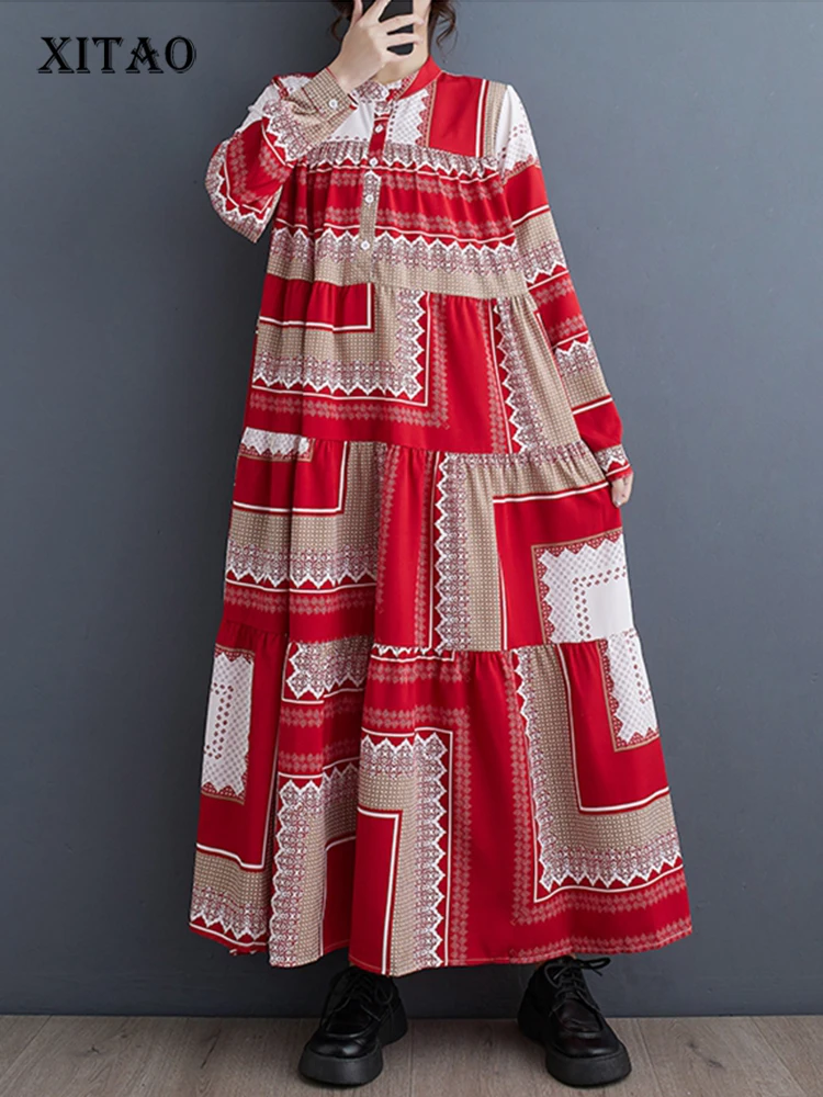 

Платье XITAO DMJ3698 женское с принтом, винтажное асимметричное свободное приталенное, с воротником-стойкой, модный тренд на весну