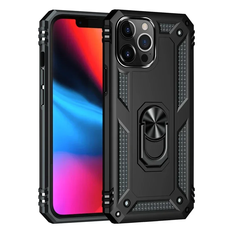 Shockproof Armor Bumper Case with Finger Holder and Magnetic Metal Ring Cover
