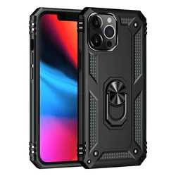 Shockproof Armor Bumper Case with Finger Holder and Magnetic Metal Ring Cover - iPhone 13 Mini (Black)