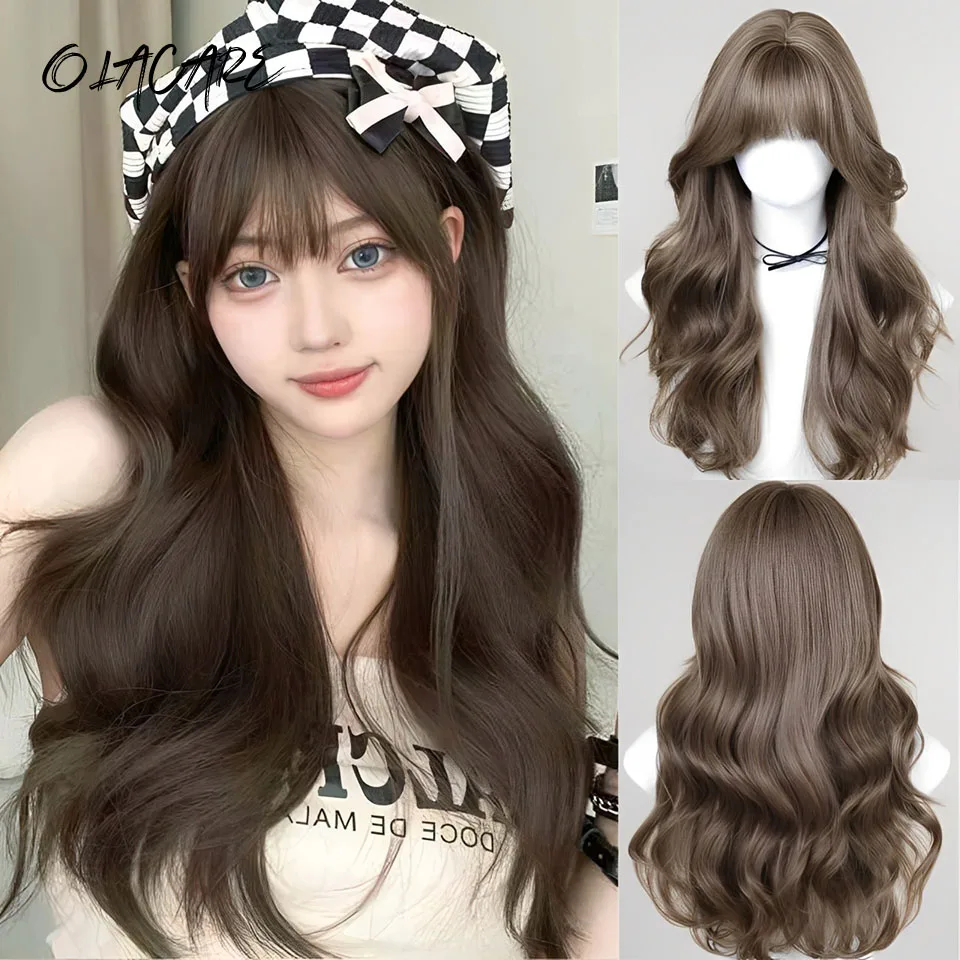 Synthetic Brown Long Deep Wave Wig For Women With Bangs