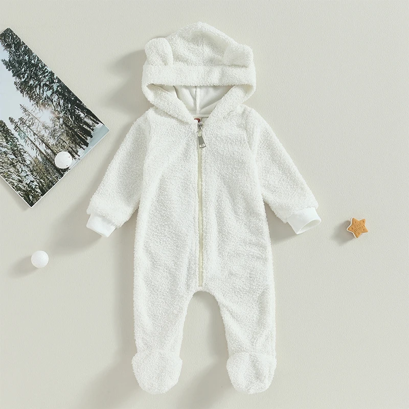

EWODOS Toddler Baby Cute Fleece Footies Long Sleeve Hooded Zip Closure Fall Winter Warm Jumpsuit Clothes for Infant Boys Girls