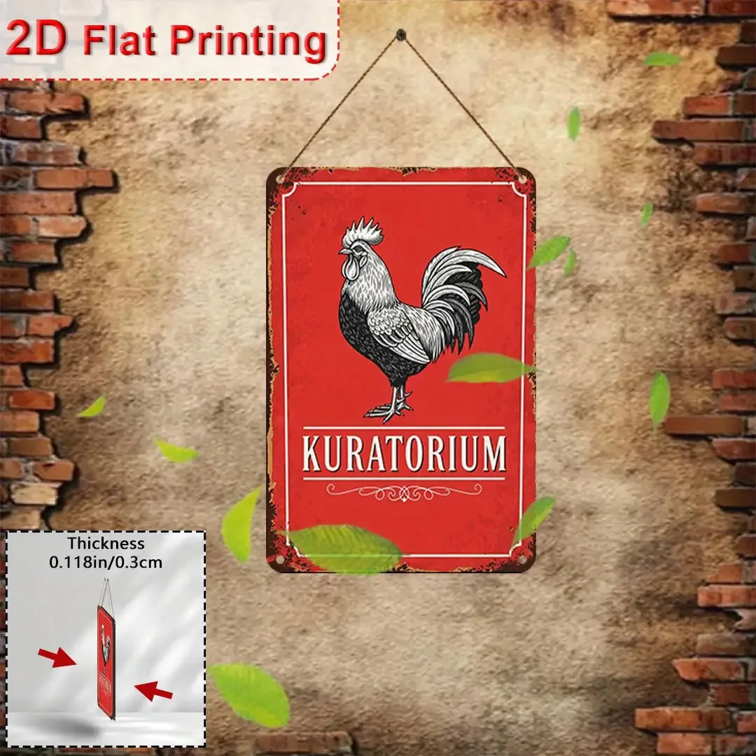 2D 평면 그림, 1개의 복고풍 작은 닭 모양의 KURATORIUM 나무 간판, 농가 벽 장식, 빨간색 배경과 텍스트가 있는 나무 간판