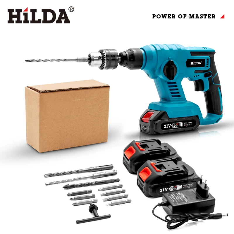HILDA Electric Hammer Impact Drill Rechargeable Lithium Battery Rotary Hammer Wireless Electric Drill 21V 2