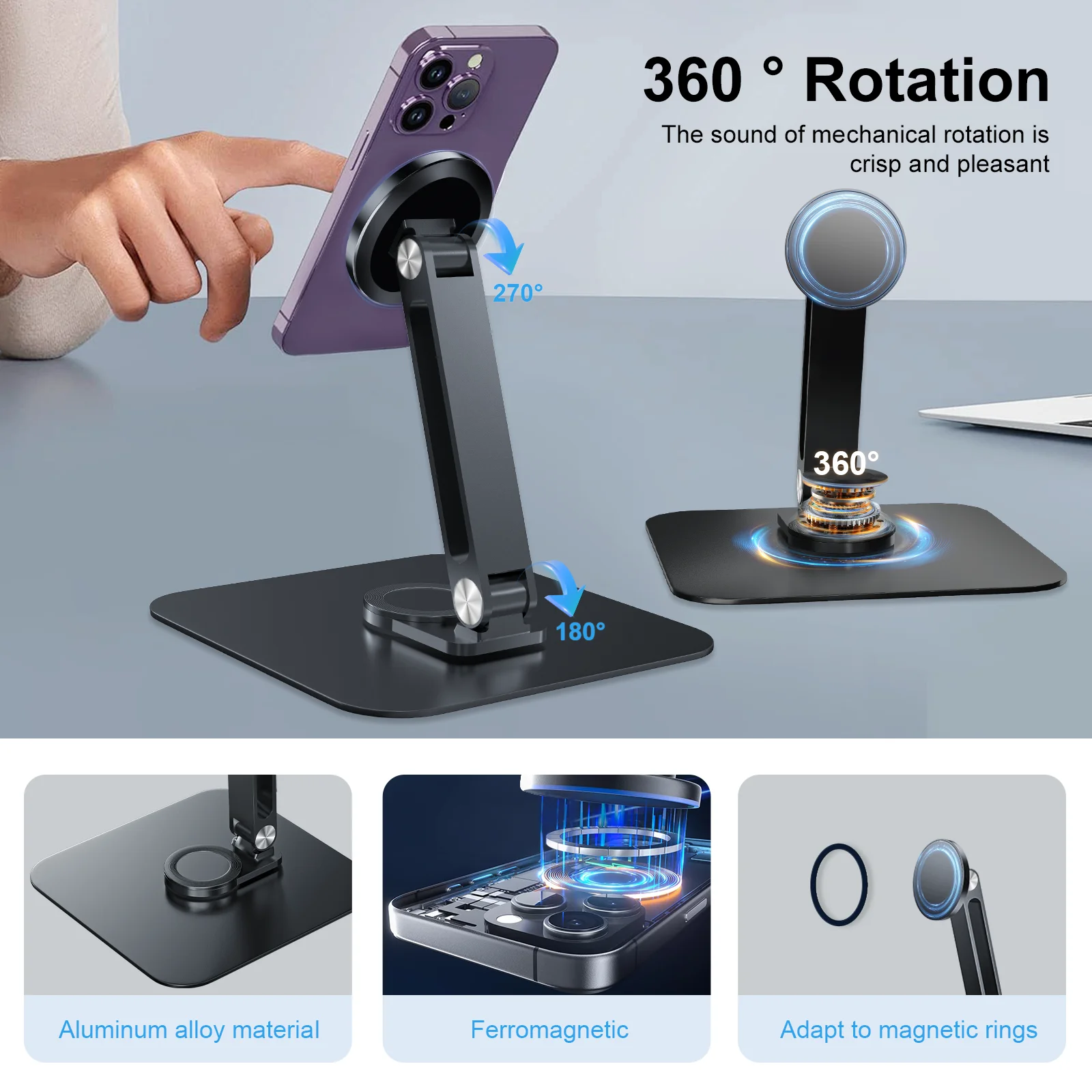 Black Magnetic Metal Stand 360° Rotatable Holder for Portable Monitor, iPad & iPhone Displays,  Stable 3KG Bracket 4