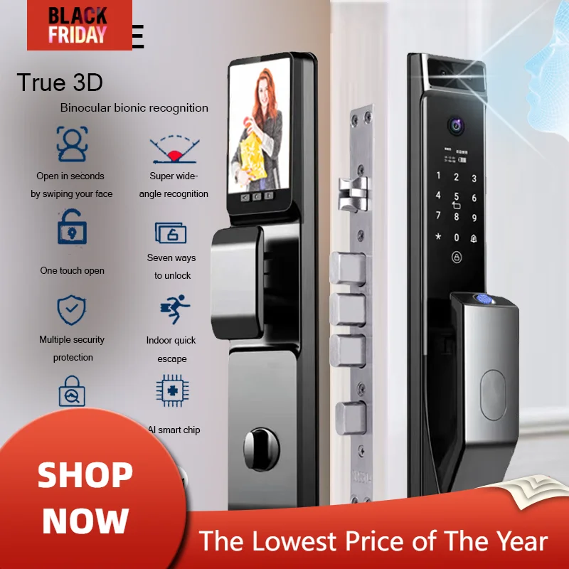 Tuya APP 3D face recognition smart door lock with camera fingerprint password digital electronic lock Remote unlocking