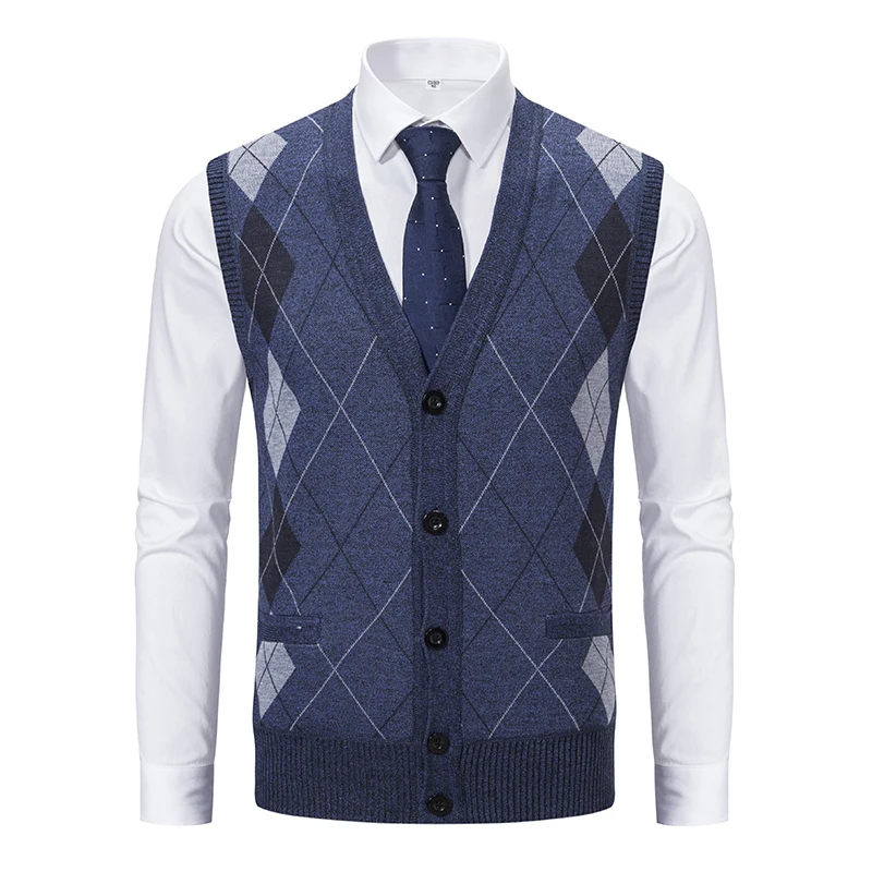 Men Sweater Vests Spring Autumn Sleeveless Fleece Warm Knitted Checkered Business Casual Button Up Coat