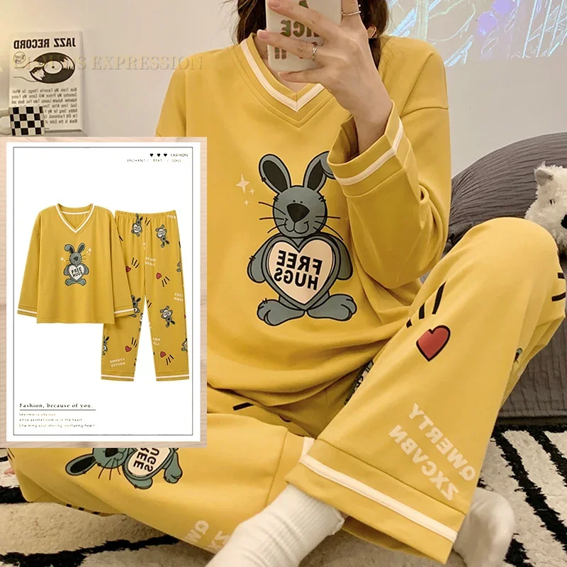 Spring Autumn Knttted Women's Pajamas Sets Teen Funny Pjs Cartoon Dinosaur Sleepwear Homewear Girls Pijamas Mujer Pyjama Fashion