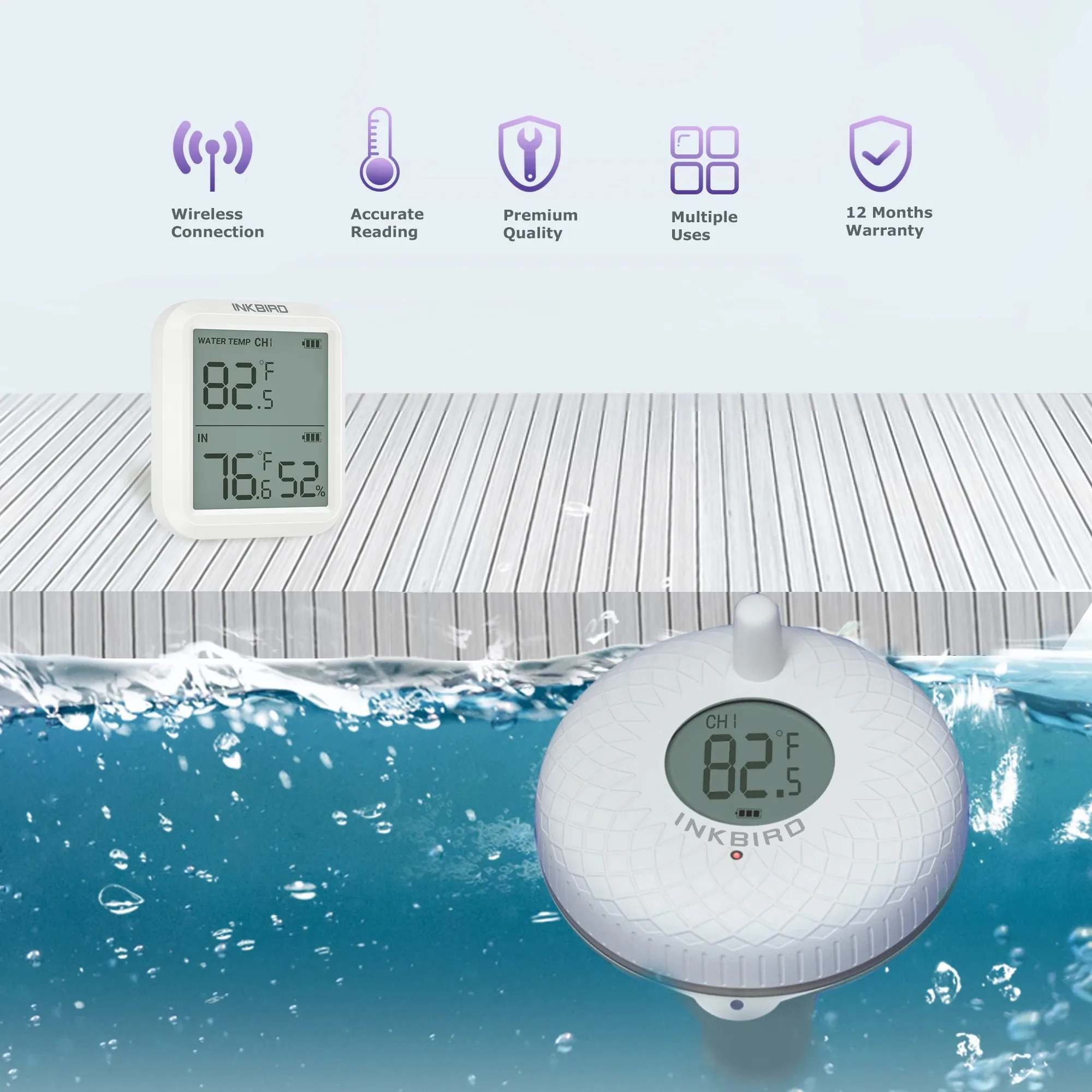 Thermomètre de piscine numérique sans fil - Thermomètre flottant -  Température de l'eau - Thermomètre sans fil avec récepteur [165]