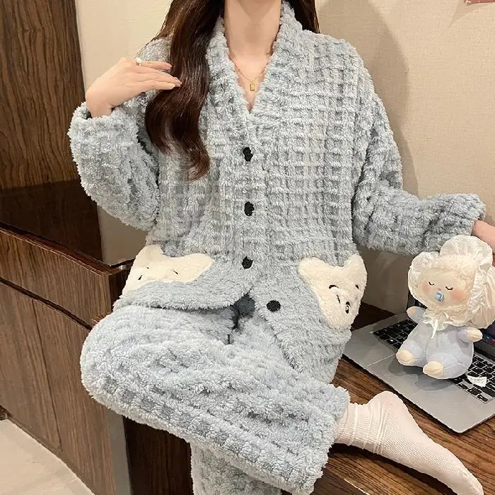 

Зимняя теплая Пижама, Женская фланелевая ночная рубашка, клетчатый пижамный комплект, осенняя Милая Пижама, толстая флисовая Домашняя одежда из кораллового флиса, одежда для отдыха