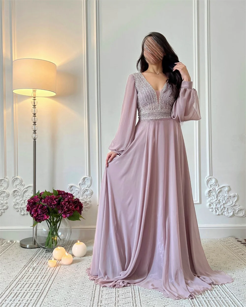 

Bella Luxury Lavender فساتين السهرة Beaded A-line Chiffon Prom Dress Sweep Train Elegant V-neck Long Sleeves Formal Evening 2024