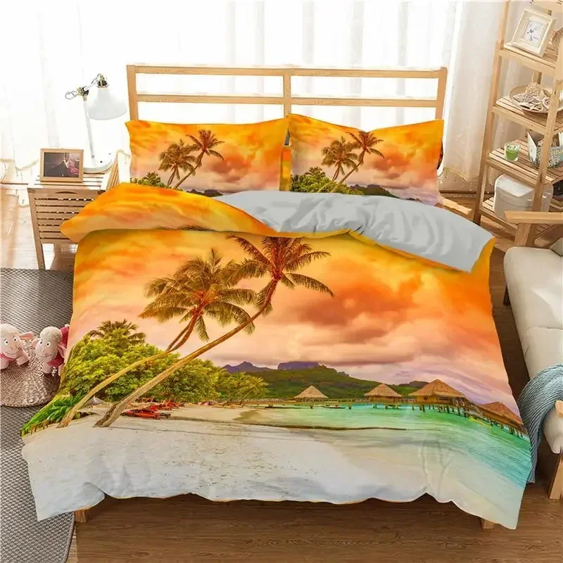 Ocean Duvet Cover Set Queen Size Tropical Island with The Palm Trees and Sea Beach Nature Theme Print Twin Bedding Set for Teens