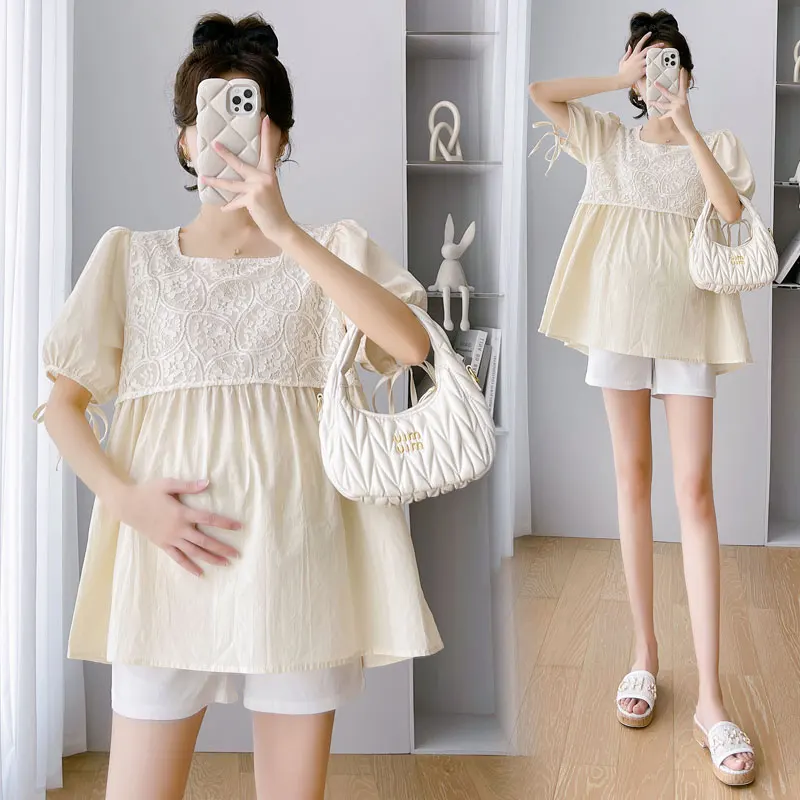 E68021# Pregnancy Pants Korean Fashion Lace Patchwork Design Womens Tops Sweet Style Summer Maternity Pants