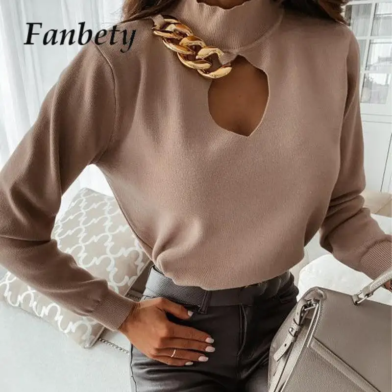 

Модная однотонная вязаная офисная блузка, блузы, винтажный элегантный облегающий свитер в рубчик с высоким воротником, Женский шикарный пуловер с длинным рукавом и вырезами