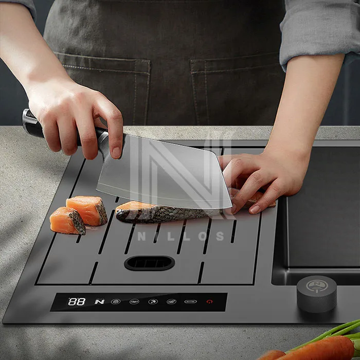 8448 Digital Display Touchscreen Pull Out Fregadero Double Bowl Stainless Steel Smart Waterfall Kitchen Sink With Dishwasher 5