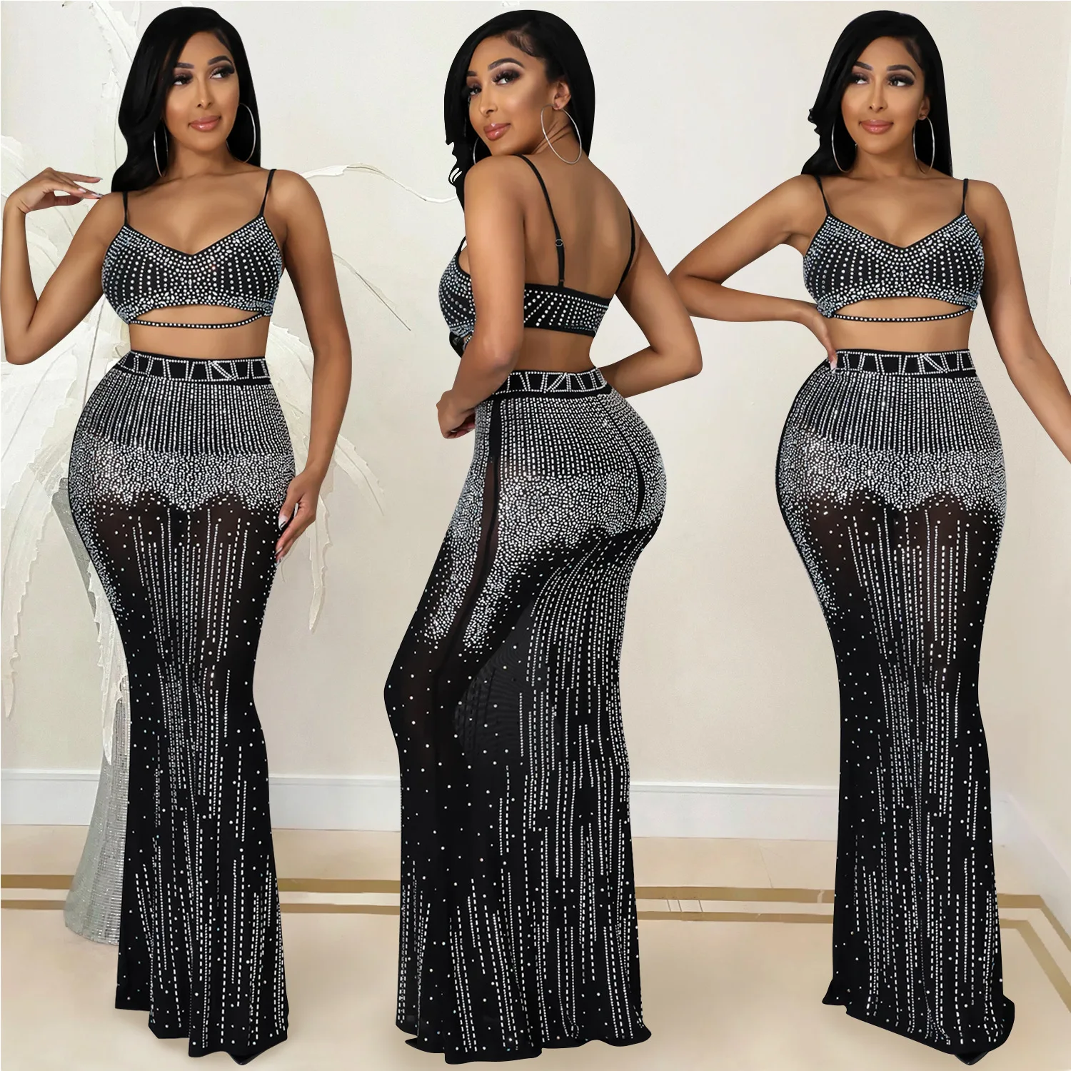 

2022 Spring and Summer Women's Night Club Party Mesh Perspective Camisole Long Skirt Two-piece Set