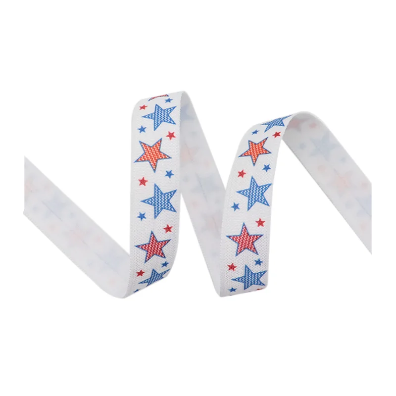 

5/8" 15mm Heat Transfer 4TH Of July Blue Red Star Printed FOE Fold Over Elastic Ribbon 100Yards