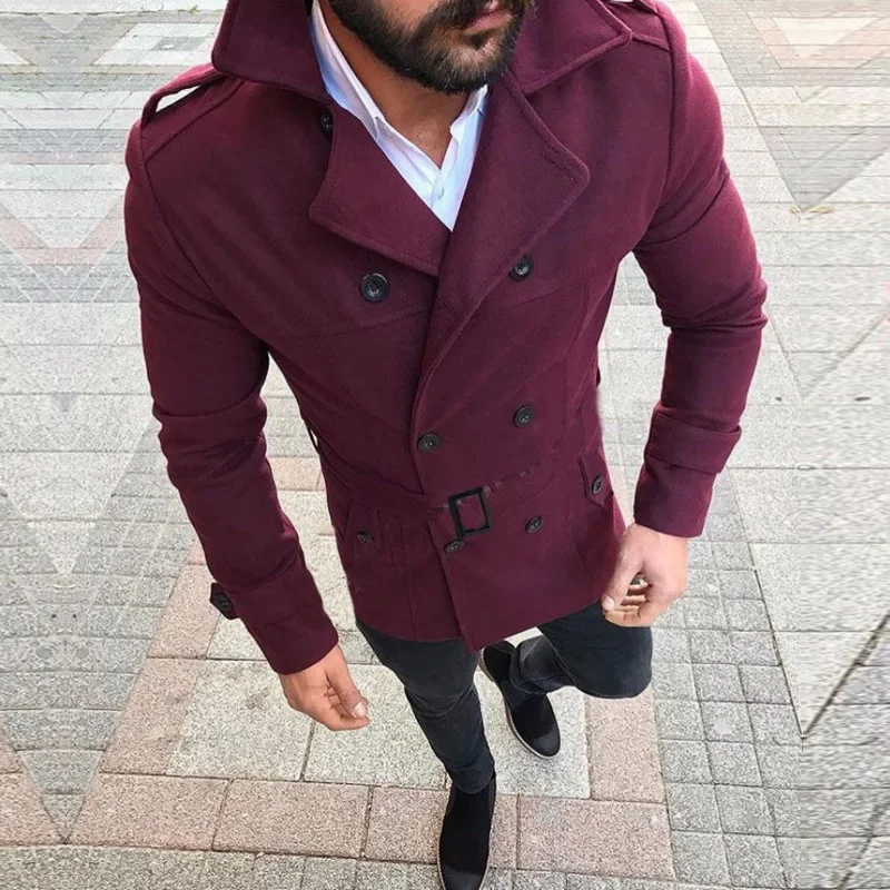 Men's Woolen Jacket Casual Style Overcoat Lapel Double Row Buttoning With Belt Fashionable Outerwear For Winter