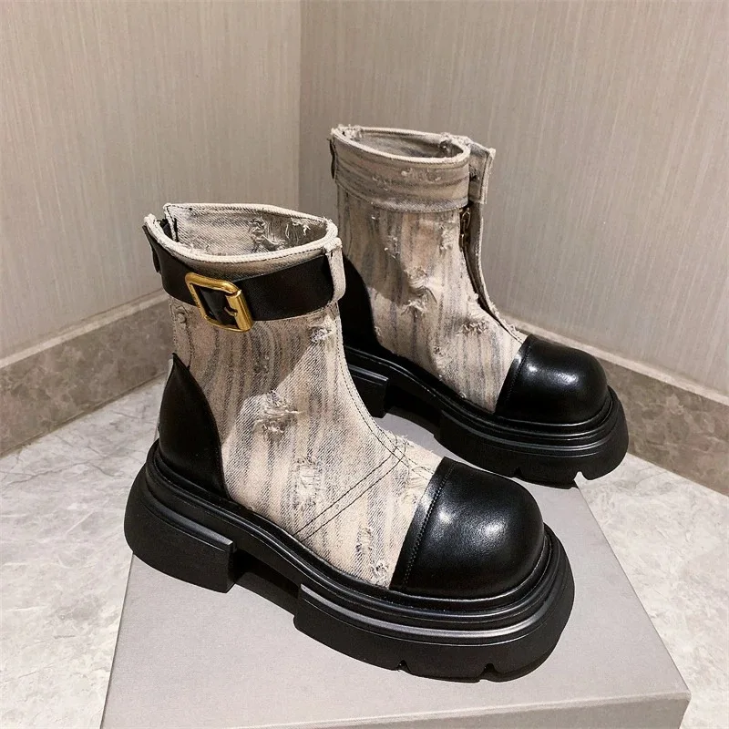 

Dropshipping New Canvas Rider Boots Thin Platform Heightened Motorcycle Boots Breathable Versatile Round Toe Women's Booties