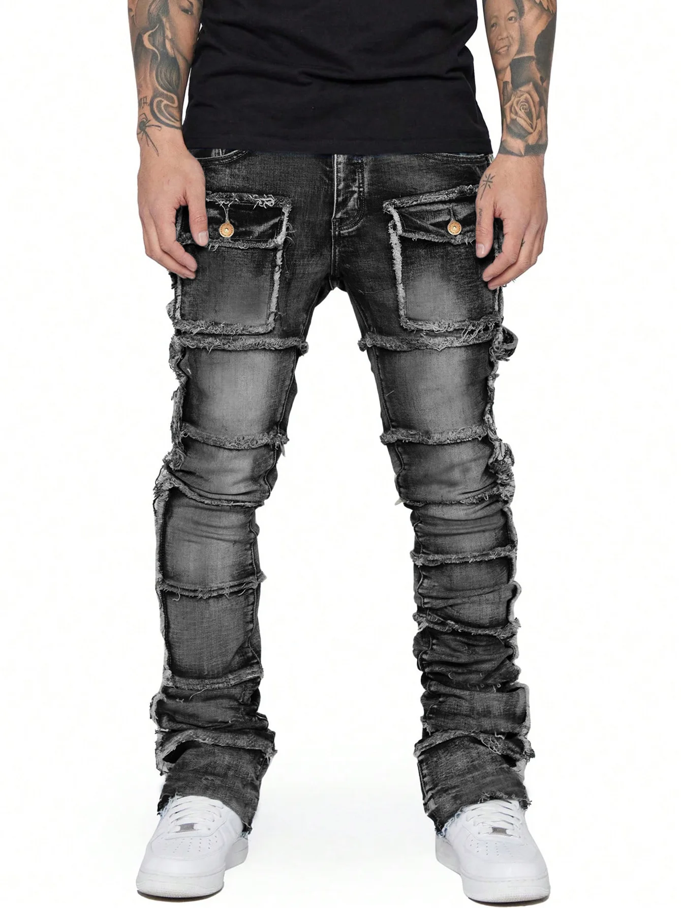 Retro Cargo Jeans Men Stretchy Ripped Washed Y2k Pants Straight Leg Male's Patched Denim Trousers men jeans,ripped jeans,ripped patchwork jeans