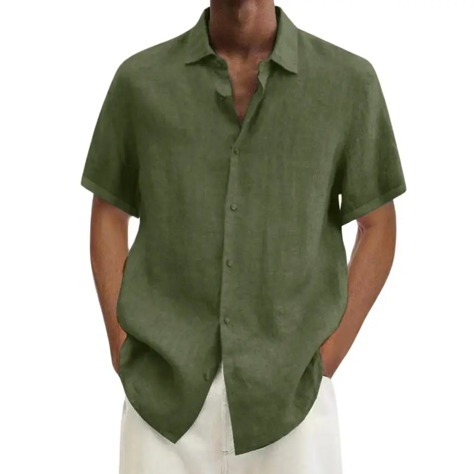 

Solid Cotton Shirts Men Summer Casual Turn-Down Collar Short Sleeve Tops Loose Blouse Oversized Middle-aged And Elderly Shirts