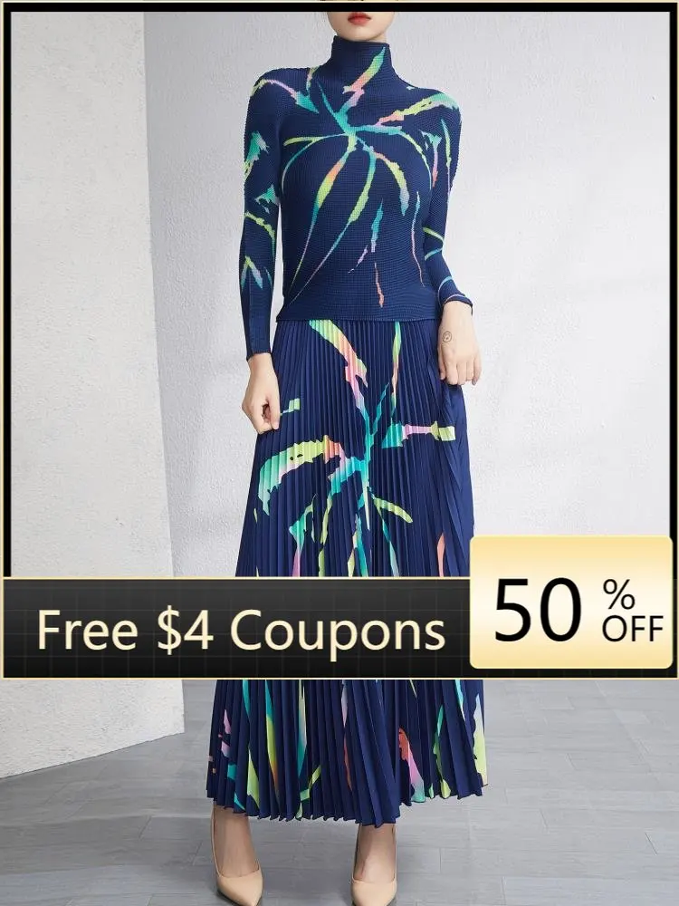 

Miyake fashion suit women's autumn new foreign style age-reducing half-collar pleated slim top skirt two-piece set