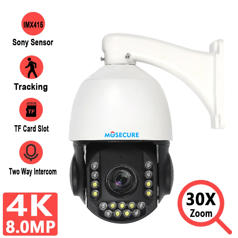 MOSECURE 5MP/8MP 4K POE IP PTZ Camera Dual Light Source Full Color Night Vision Outdoor Auto Tracking 30x Zoom Two Way Audio