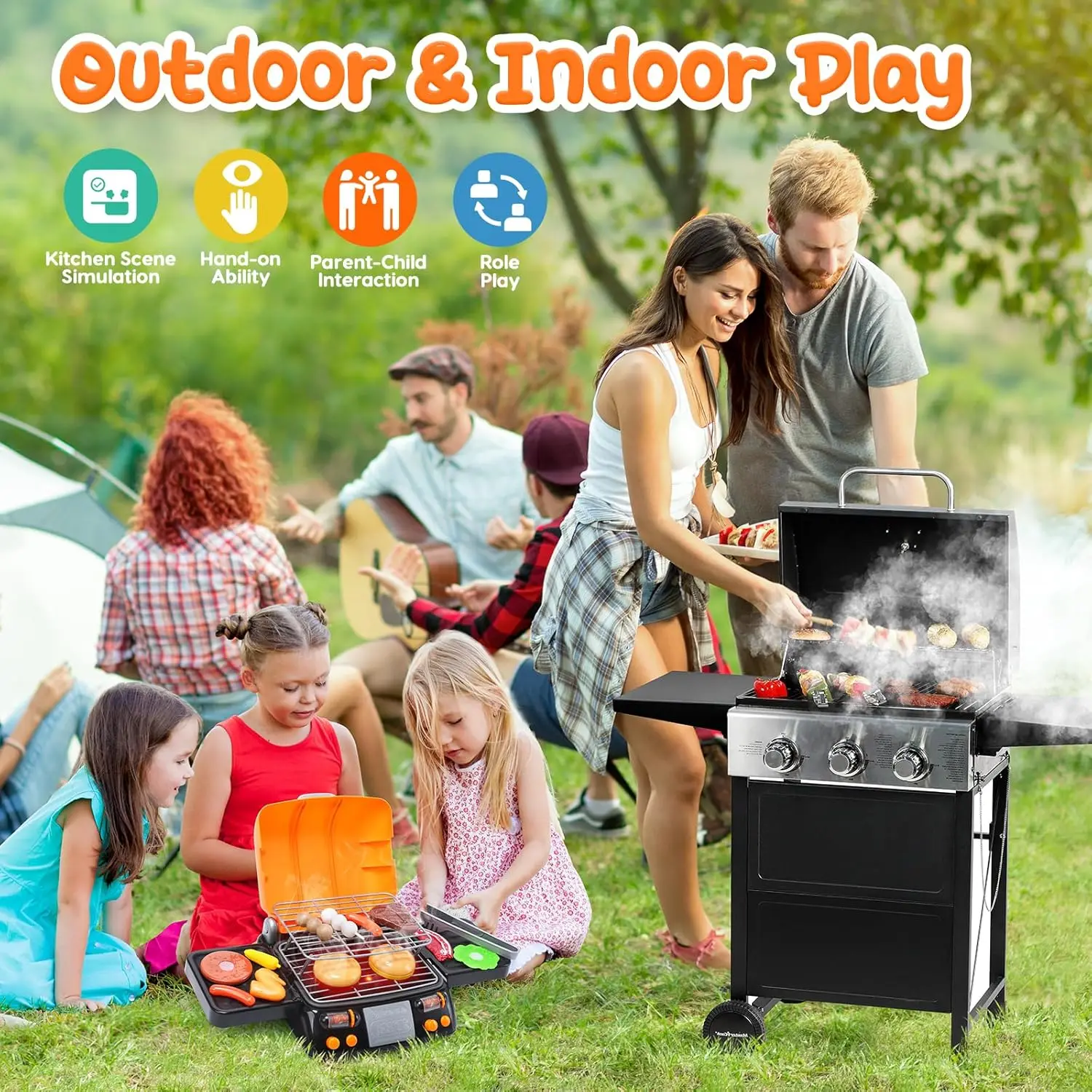 CUTE STONE 2-Layer BBQ Toy Set, Kids Grill with Food, Smoke Sound & Light, Camping BBQ Gift 6